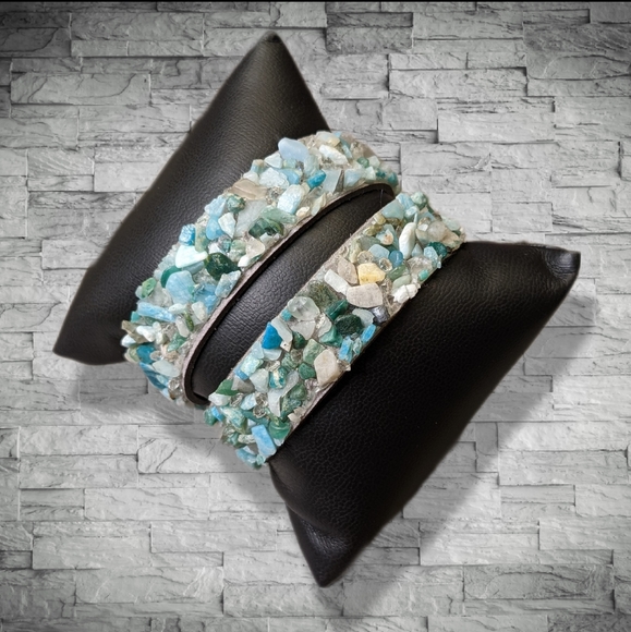 C1 Unique Natural Gemstone Double Wrap Bracelet Aqua Seafoam Green Mint Blue - Picture 8 of 17